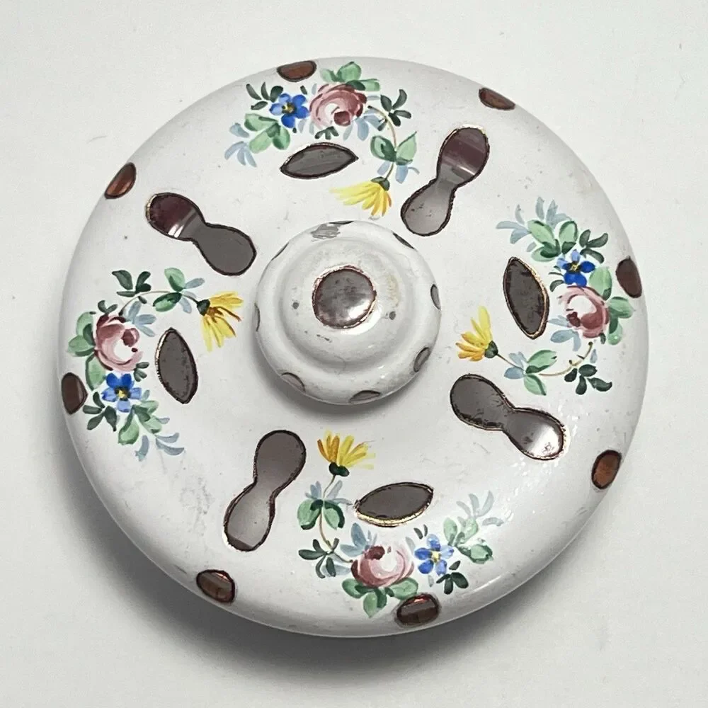 VTG Bohemian Czech Cased Milk Glass Hand Painted Trinket / Powder Jar Floral